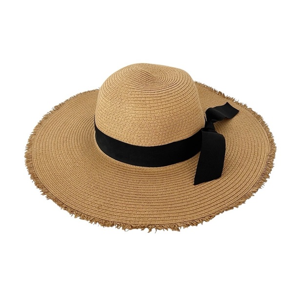 LOFT Straw Floppy Hat Tan Frayed Edge Packable Black Ribbon Summer Beach Light - Picture 4 of 8